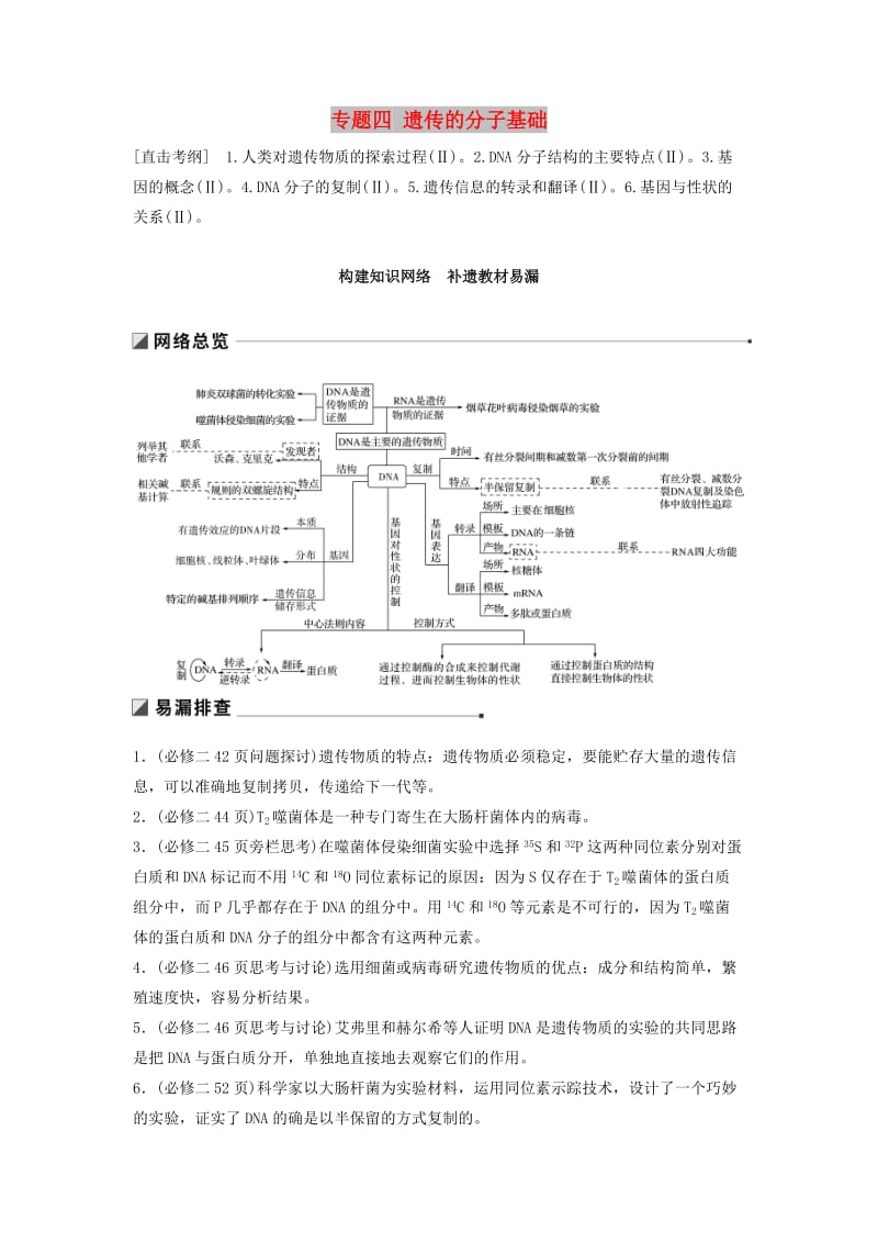 通用版2019版高考生物二轮复习专题四遗传的分子基础构建知识网络补遗教材易漏学案.doc_第1页