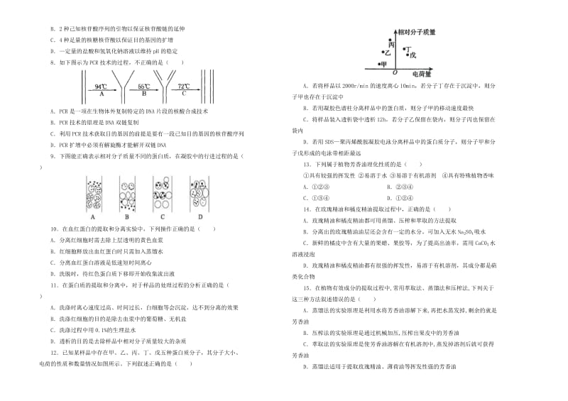 2019高中生物 专题五、六 DNA和蛋白质技术、植物有效成分的提取单元测试（一）新人教版选修1 .doc_第2页