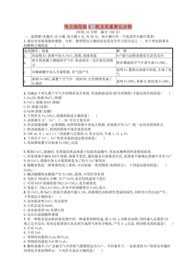 广西2019年高考化学一轮复习 考点规范练8 铁及其重要化合物 新人教版.docx_第1页