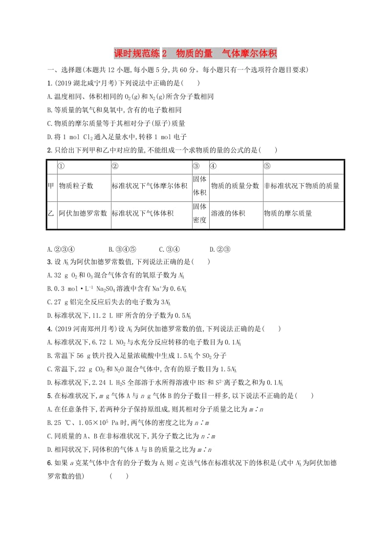 2020版高考化学复习 课时规范练2 物质的量 气体摩尔体积 苏教版.doc_第1页