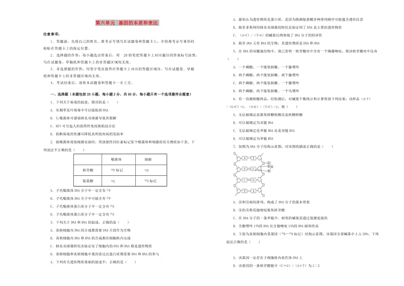 2019年高考生物一轮复习 第六单元 基因的本质和表达单元A卷.doc_第1页