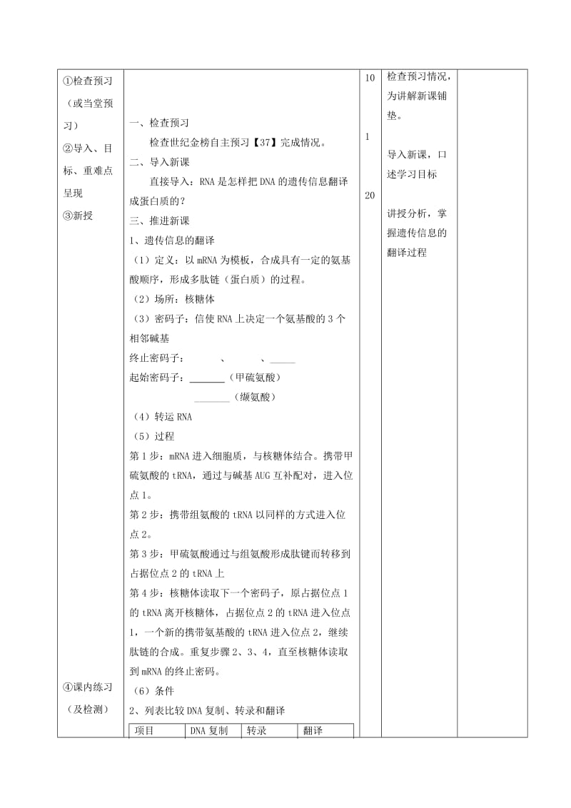 江西省万载县高中生物 第四章 基因的表达 4.1.2 基因指导蛋白质的合成教案 新人教版必修2.doc_第2页