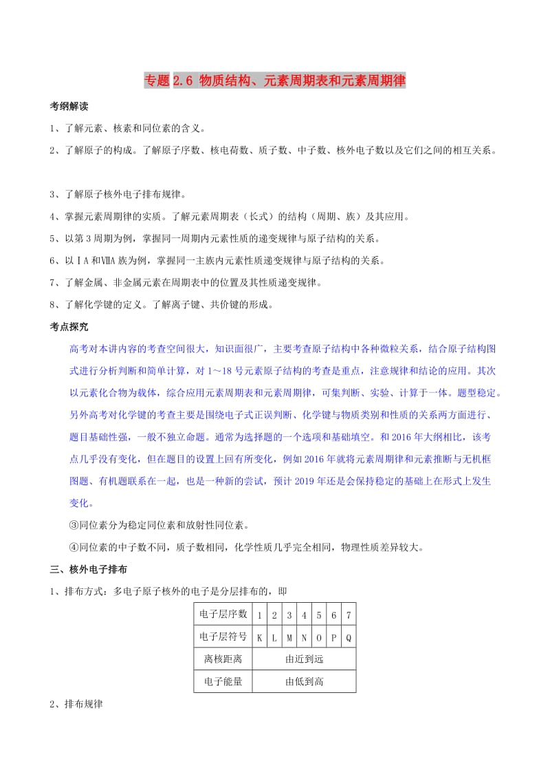 2019年高考化学 艺体生百日突围系列 专题2.6 物质结构、元素周期表和元素周期律基础练测.doc_第1页