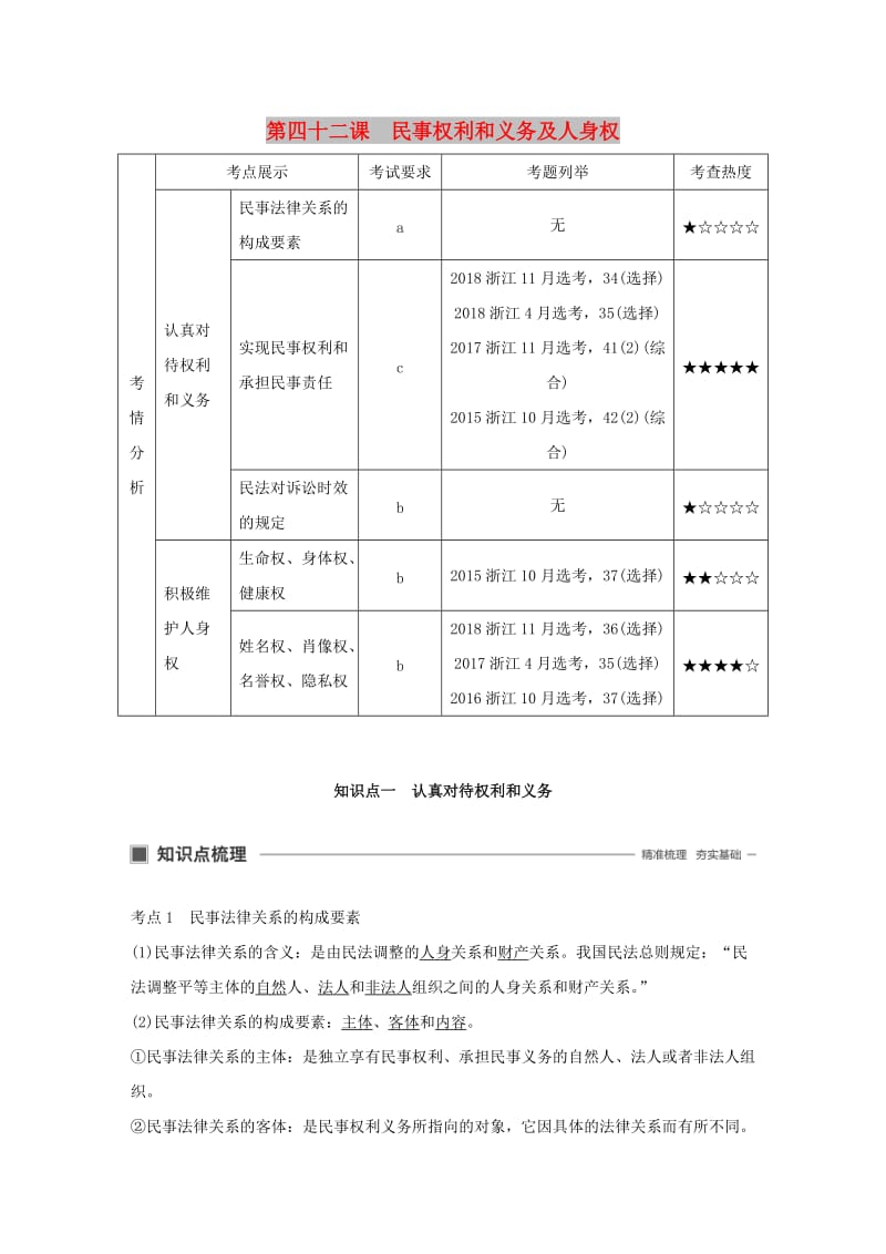 浙江专用版2020版高考政治大一轮复习第十六单元生活中的法律常识第四十二课民事权利和义务及人身权讲义.doc_第1页