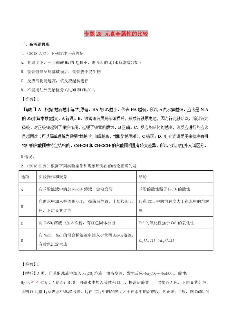 2019高考化学 难点剖析 专题28 元素金属性的比较讲解.doc_第1页