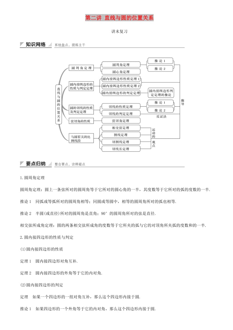 2018-2019学年高中数学第二讲直线与圆的位置关系讲末复习学案新人教A版选修.docx_第1页