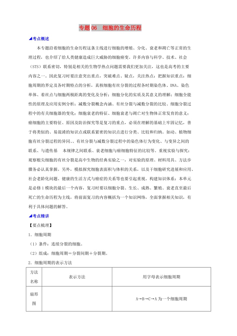 2019高考生物 核心考点特色突破 专题06 细胞的生命历程.doc_第1页