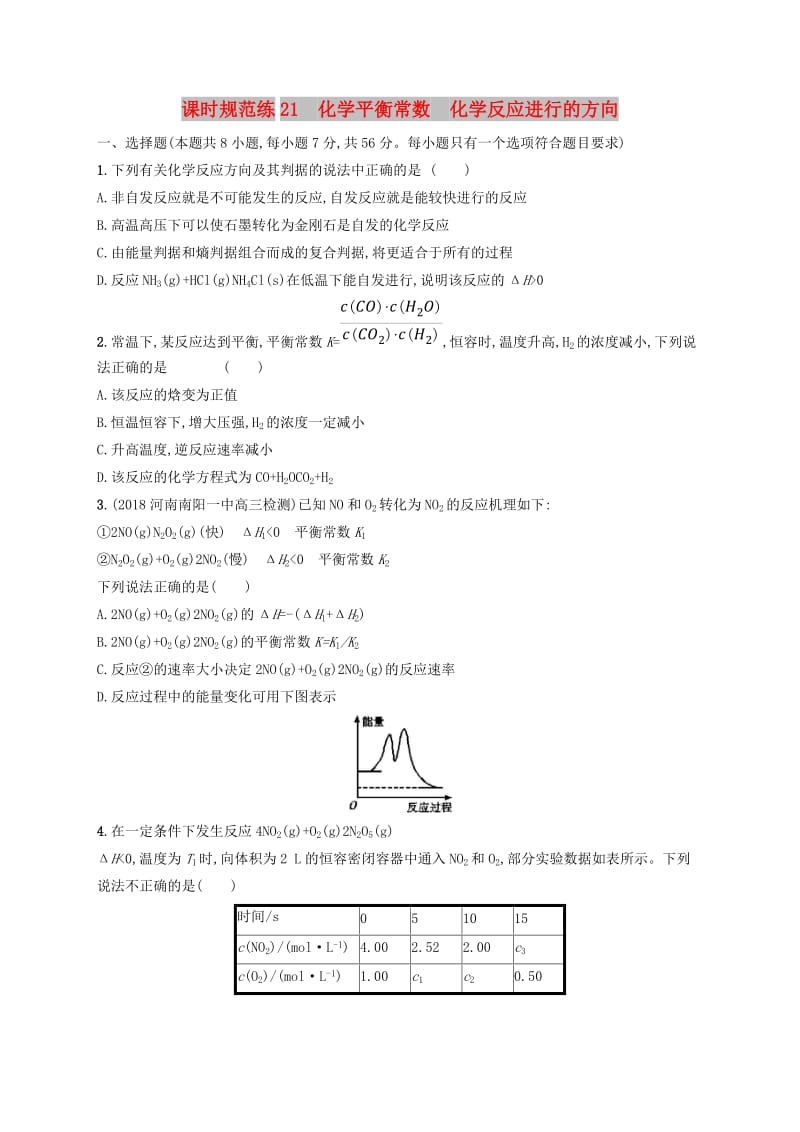 2020版高考化学大一轮复习 课时规范练21 化学平衡常数 化学反应进行的方向 新人教版.doc_第1页