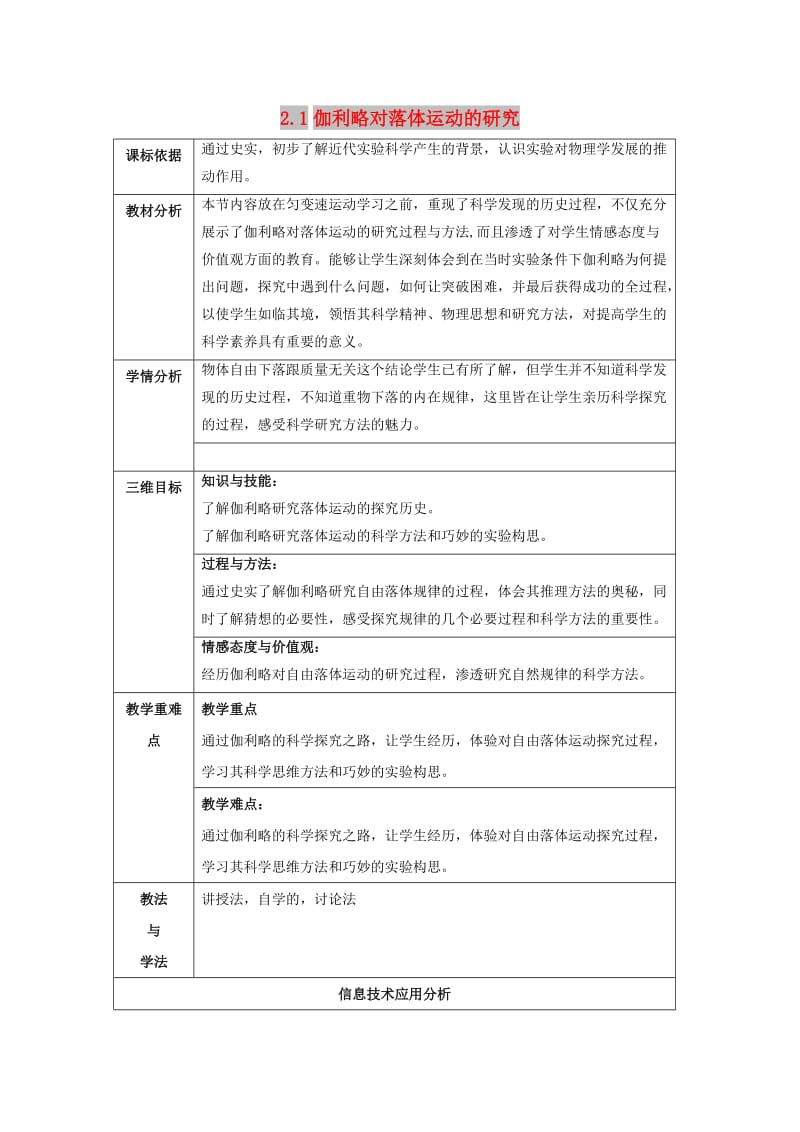 陕西省石泉县高中物理 第2章 研究匀变速直线运动的规律 2.1 伽利略对落体运动的研究教案 沪科版必修1.doc_第1页