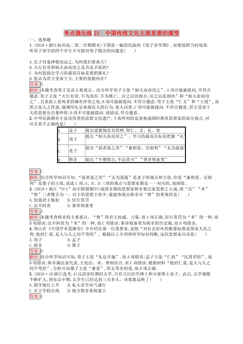 （浙江选考Ⅰ）2019高考历史总复习 考点强化练23 中国传统文化主流思想的演变.docx_第1页