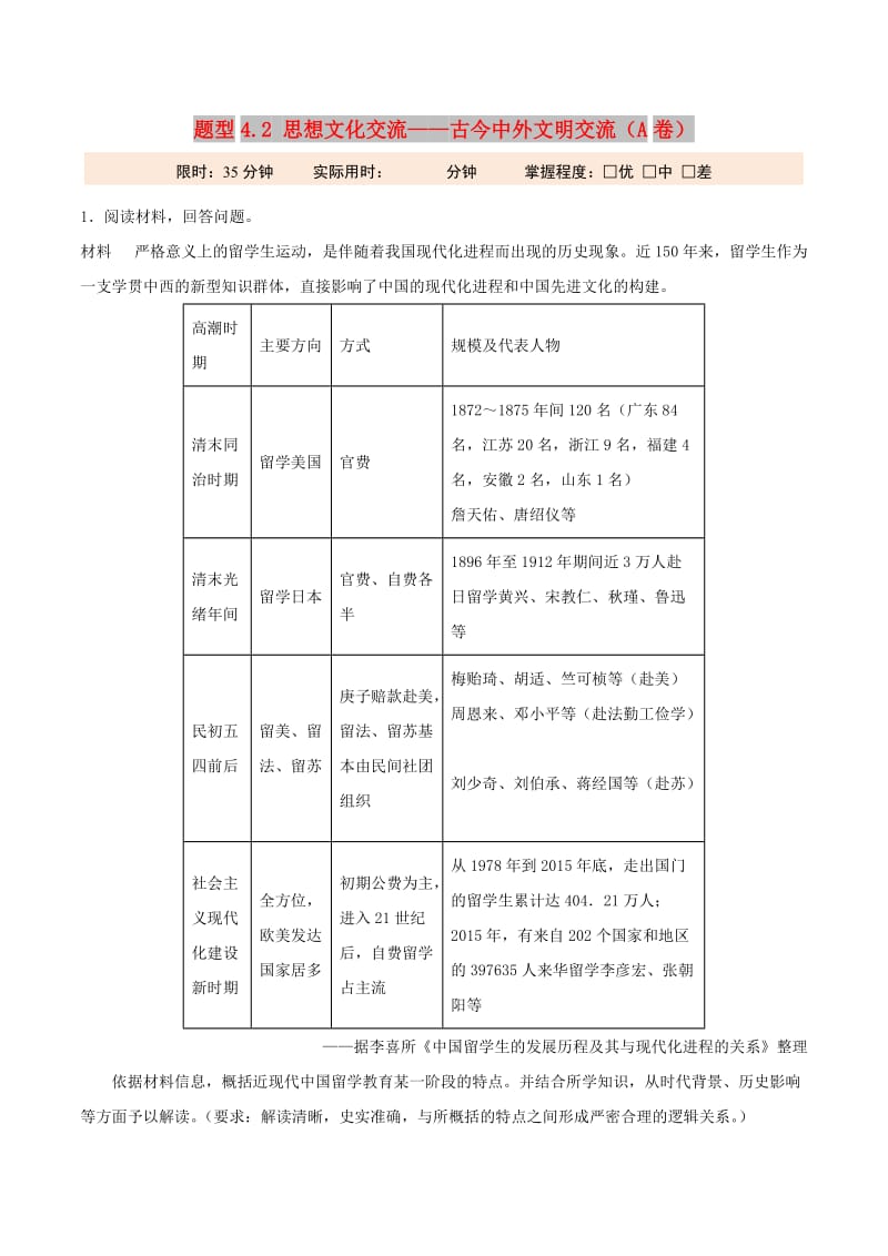 2019年高考历史 冲刺题型专练 题型4.2 思想文化交流——古今中外文明交流（A卷）.doc_第1页