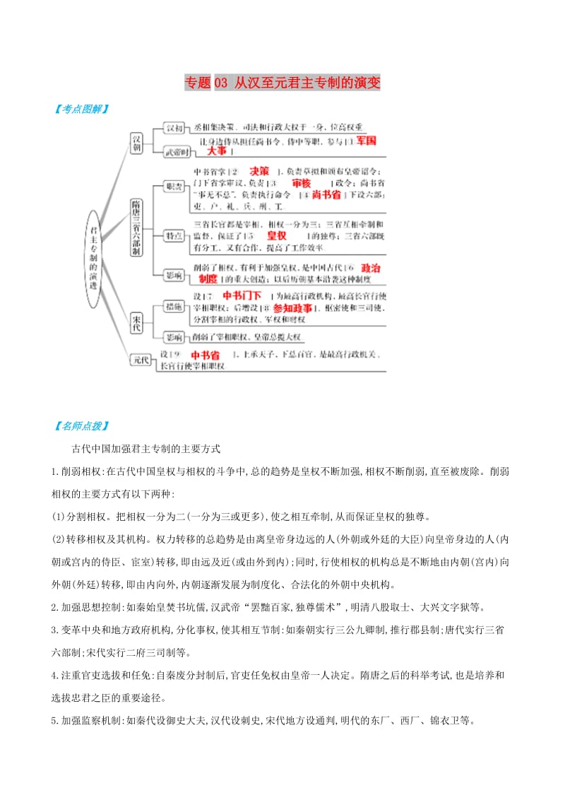 2019年高考历史 政治史考点精练 专题03 从汉至元君主专制的演变.doc_第1页