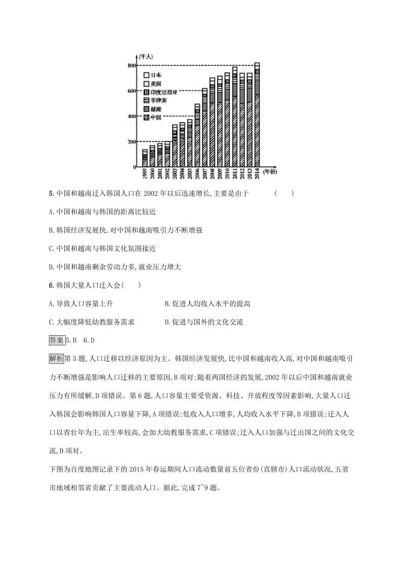 2020版高考地理大一轮复习 第六章 人口与环境 课时规范练21 人口的迁移 湘教版.doc_第3页