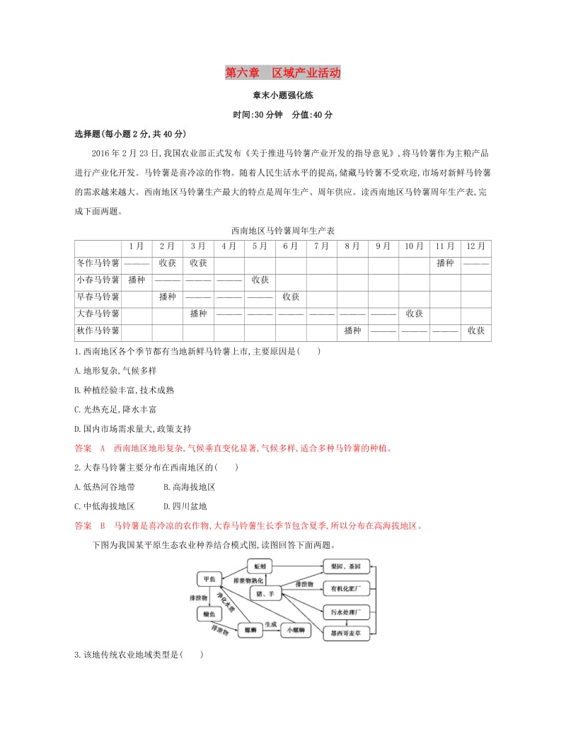 （浙江选考）2020版高考地理一轮复习 第六章 区域产业活动章末小题强化练.docx_第1页