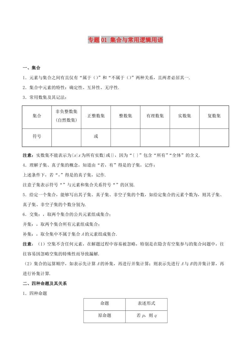 2019高考数学 狠抓基础题 专题01 集合与常用逻辑用语 理.doc_第1页