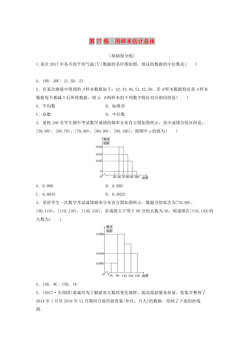 （鲁京津琼专用）2020版高考数学一轮复习 专题10 计数原理、概率与统计 第77练 用样本估计总体练习（含解析）.docx_第1页