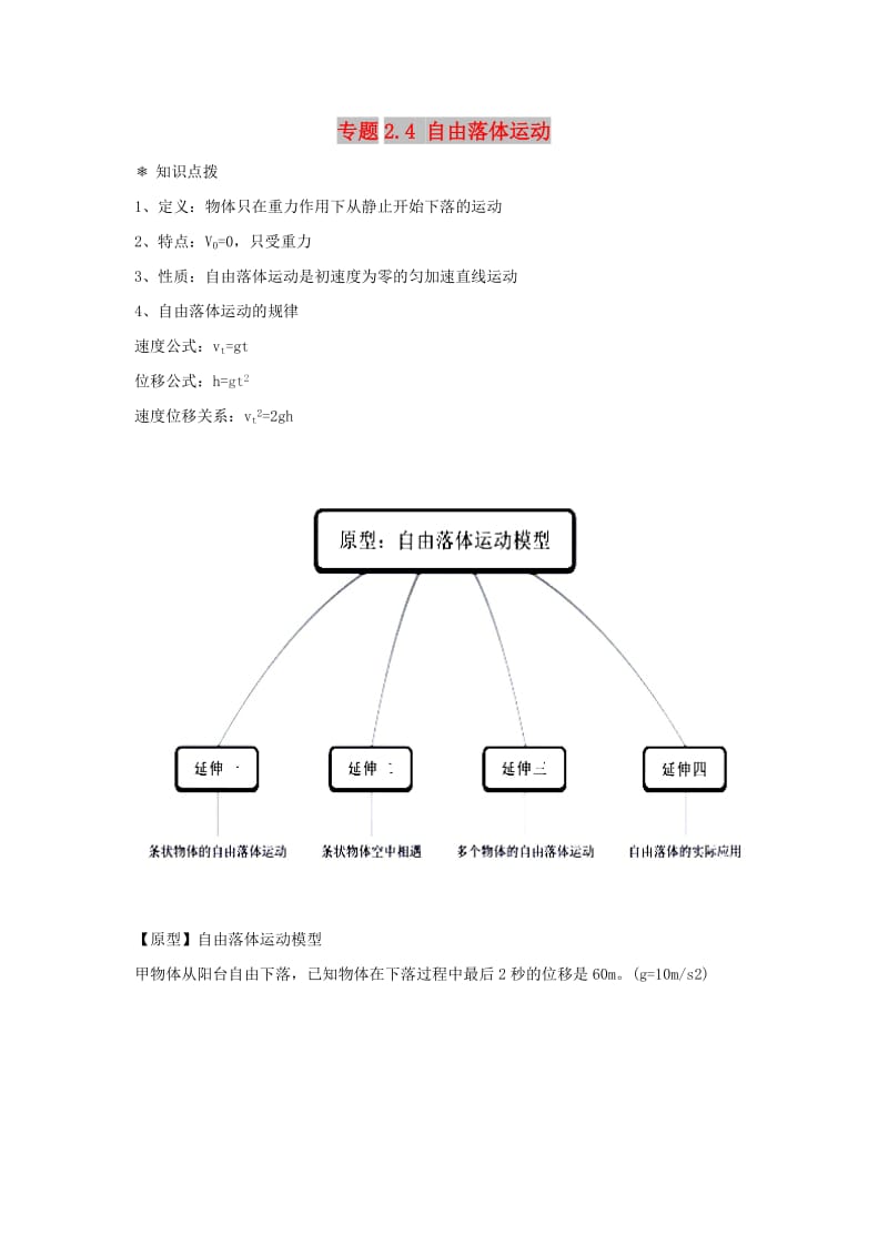 高中物理 问题原型与延伸 专题2.4 自由落体运动学案 新人教版必修1.doc_第1页