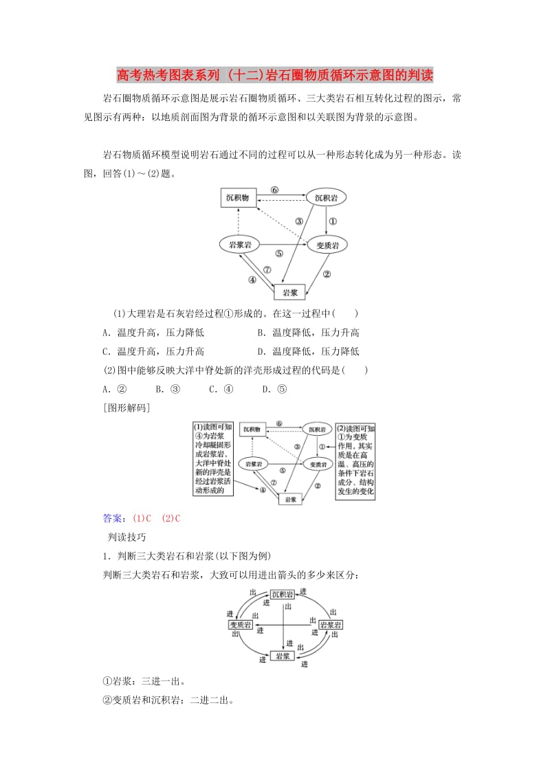 2019高考地理一轮复习 第一部分 第五单元 地表形态的塑造 高考热考图表系列（十二）岩石圈物质循环示意图的判读学案.doc_第1页