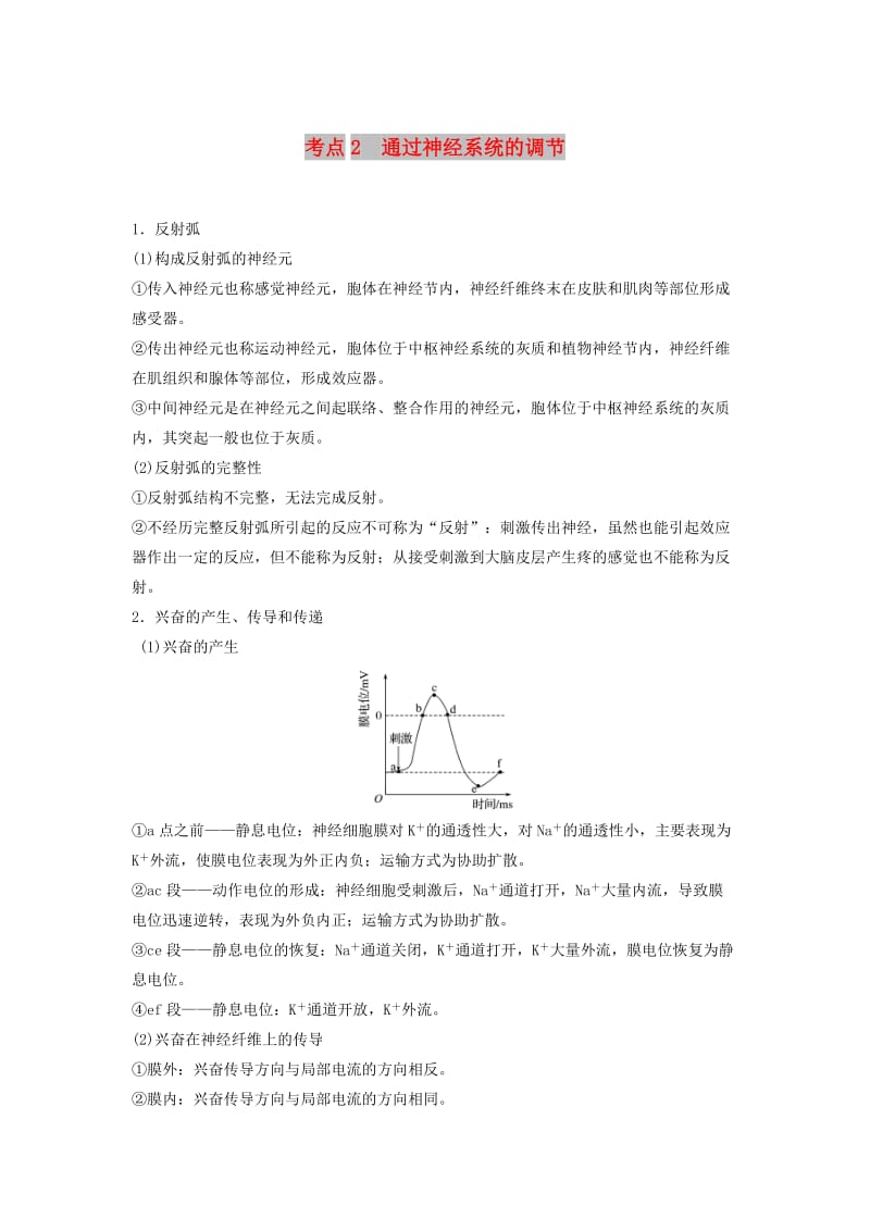 全国通用版2019高考生物二轮复习专题五生命活动调节考点2通过神经系统的调节学案.doc_第1页