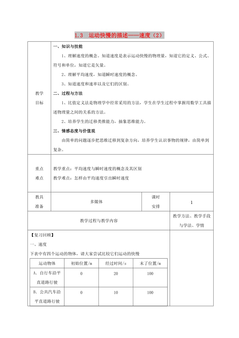 广东省揭阳市高中物理 第一章 运动的描述 1.3 运动快慢的描述—速度 第二课时教案 新人教版必修1.doc_第1页