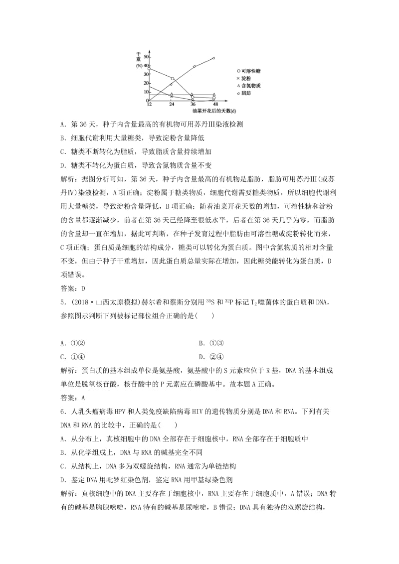 2019版高考生物一轮复习 第一单元 细胞的化学组成 第三讲 核酸、糖类和脂质练习 苏教版.doc_第2页