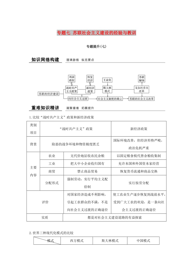 （浙江专用）2018-2019学年高中历史 专题七 苏联社会主义建设的经验与教训专题提升学案 人民版必修2.doc_第1页