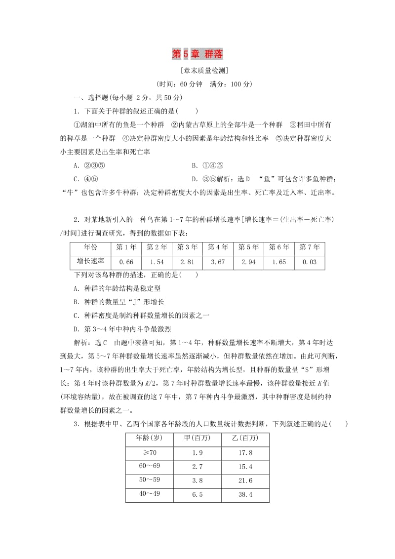 （浙江专版）2017-2018学年高中生物 第5章 群落章末小结与测评 浙科版必修3.doc_第1页