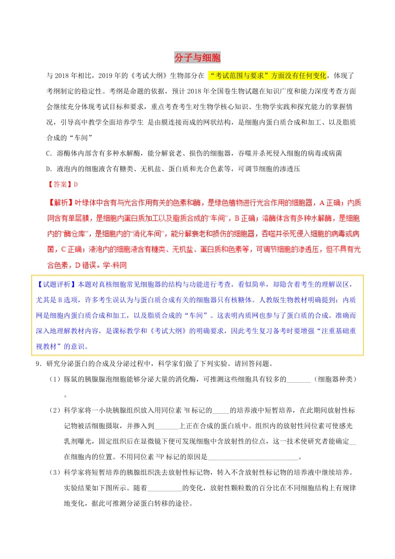 2019年高考生物 考试大纲解读 专题02 分子与细胞.doc_第1页