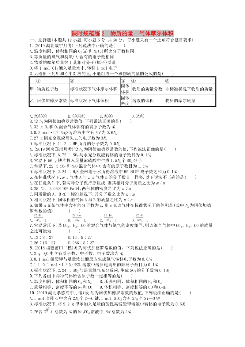 2020版高考化学一轮复习 课时规范练2 物质的量 气体摩尔体积 新人教版.docx_第1页