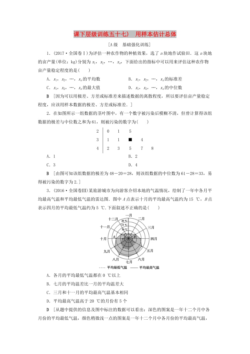 2020高考数学大一轮复习 第十章 复数、算法初步、统计与统计案例 课下层级训练57 用样本估计总体（含解析）文 新人教A版.doc_第1页