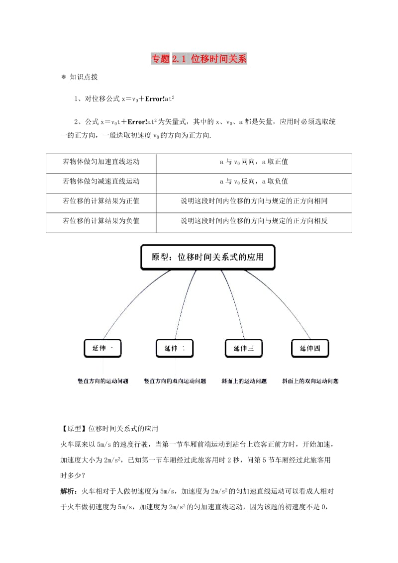 高中物理 问题原型与延伸 专题2.1 位移时间关系学案 新人教版必修1.doc_第1页