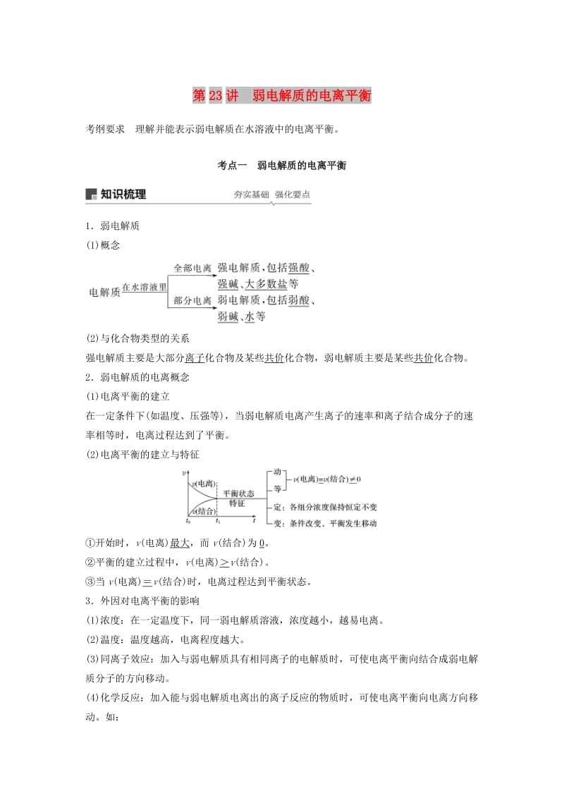 江苏省2020版高考化学新增分大一轮复习 专题8 溶液中的离子反应 第23讲 弱电解质的电离平衡讲义（含解析）苏教版.docx_第1页