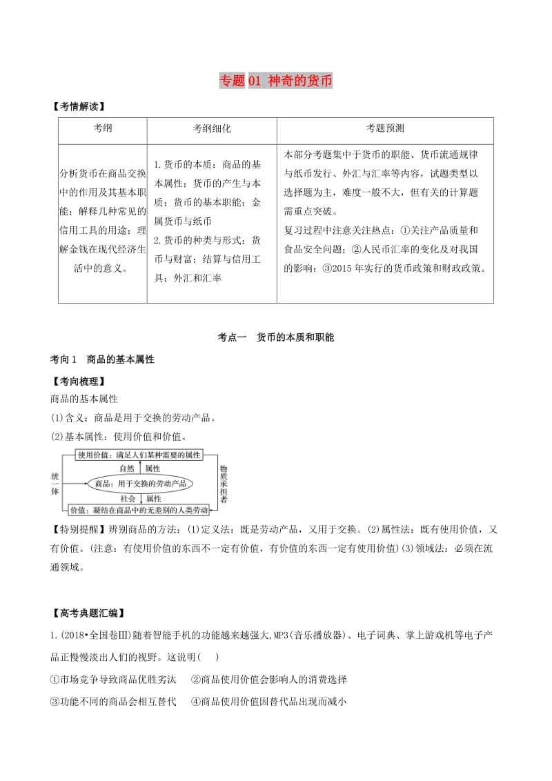 2019年高考政治题典 专题01 神奇的货币（含解析）.doc_第1页