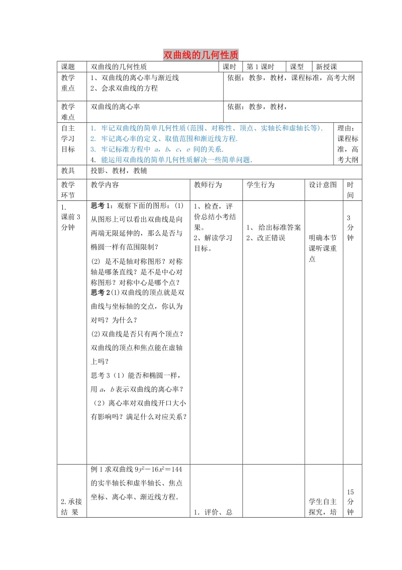 辽宁省大连市高中数学 第二章 圆锥曲线与方程 2.3 双曲线的几何性质（1）教案 新人教B版选修2-1.doc_第1页