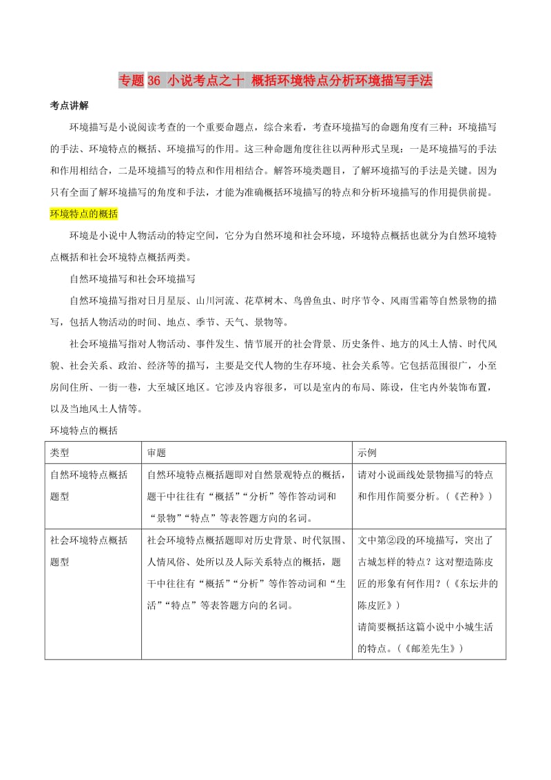 2019年高三语文一轮复习 知识点讲解阅读预热试题 专题36 小说考点之十 概括环境特点分析环境描写手法（含解析）新人教版.doc_第1页