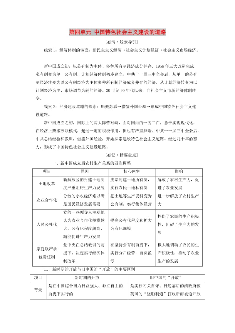 2019高中历史 第四单元 中国特色社会主义建设的道路单元小结与测评讲义（含解析）新人教版必修2.doc_第1页