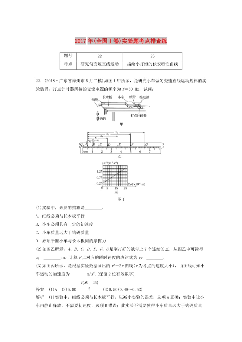 全国通用版2019高考物理总复习优编增分练：实验题考点排查练82017年全国Ⅰ卷实验题考点排查练.doc_第1页