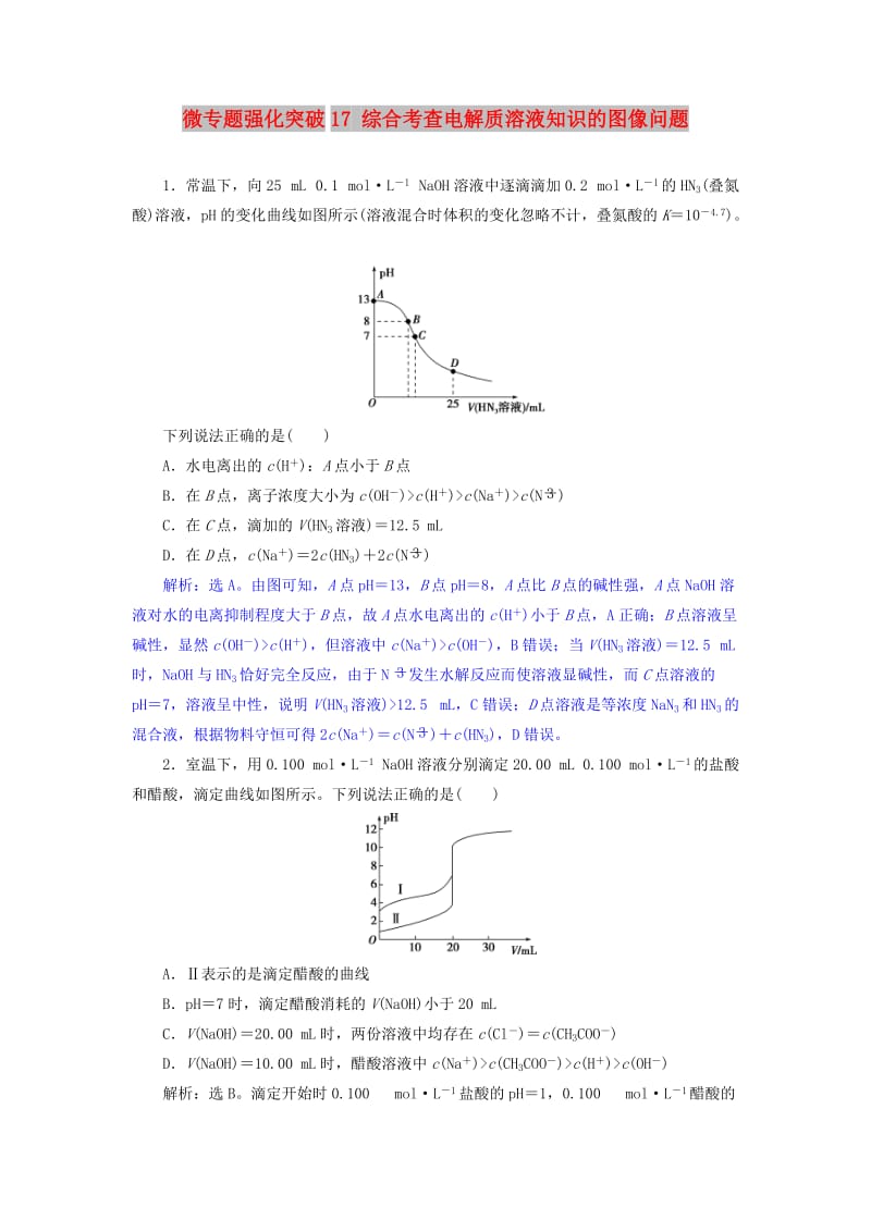 2019版高考化学总复习 第8章 水溶液中的离子平衡 微专题强化突破17 综合考查电解质溶液知识的图像问题专题集训 新人教版.doc_第1页