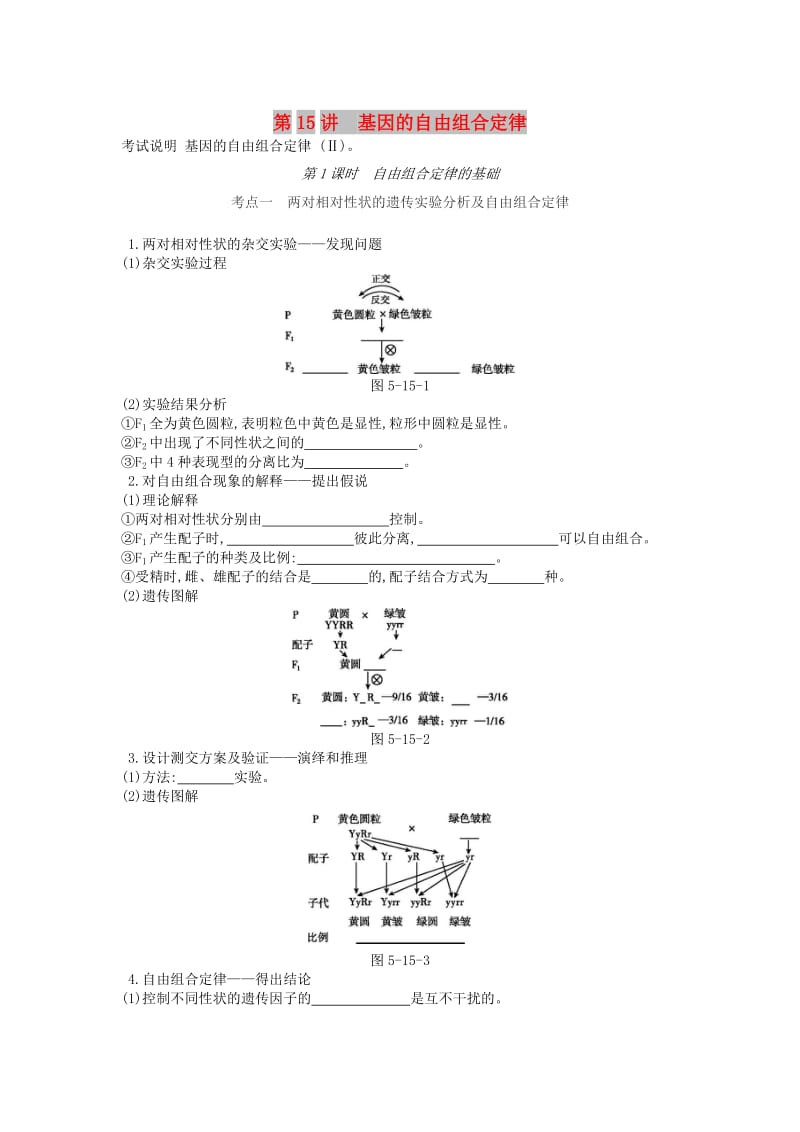 2019版高考生物一轮复习 第5单元 遗传的基本规律和遗传的细胞基础 第15讲 基因的自由组合定律（1课时）学案 苏教版.doc_第1页