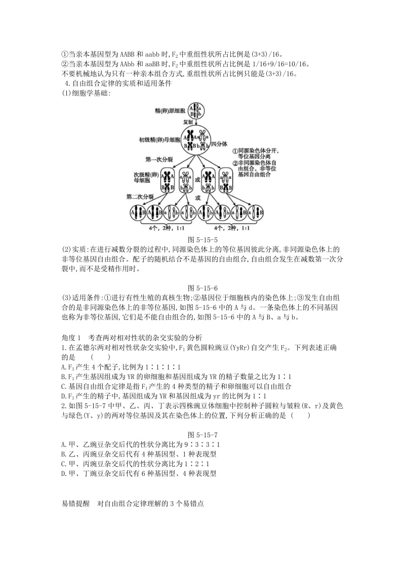 2019版高考生物一轮复习 第5单元 遗传的基本规律和遗传的细胞基础 第15讲 基因的自由组合定律（1课时）学案 苏教版.doc_第3页