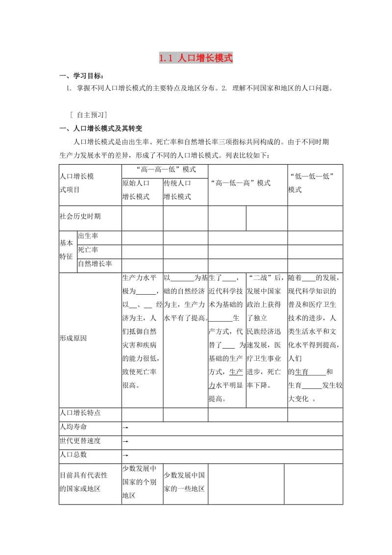 河北省邯郸市高中地理 第一章 人口与环境 1.1 人口增长模式学案湘教版必修2.doc_第1页