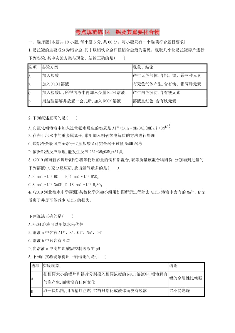 2020版高考化学大一轮复习 课时规范练14 铝及其重要化合物 鲁科版.doc_第1页