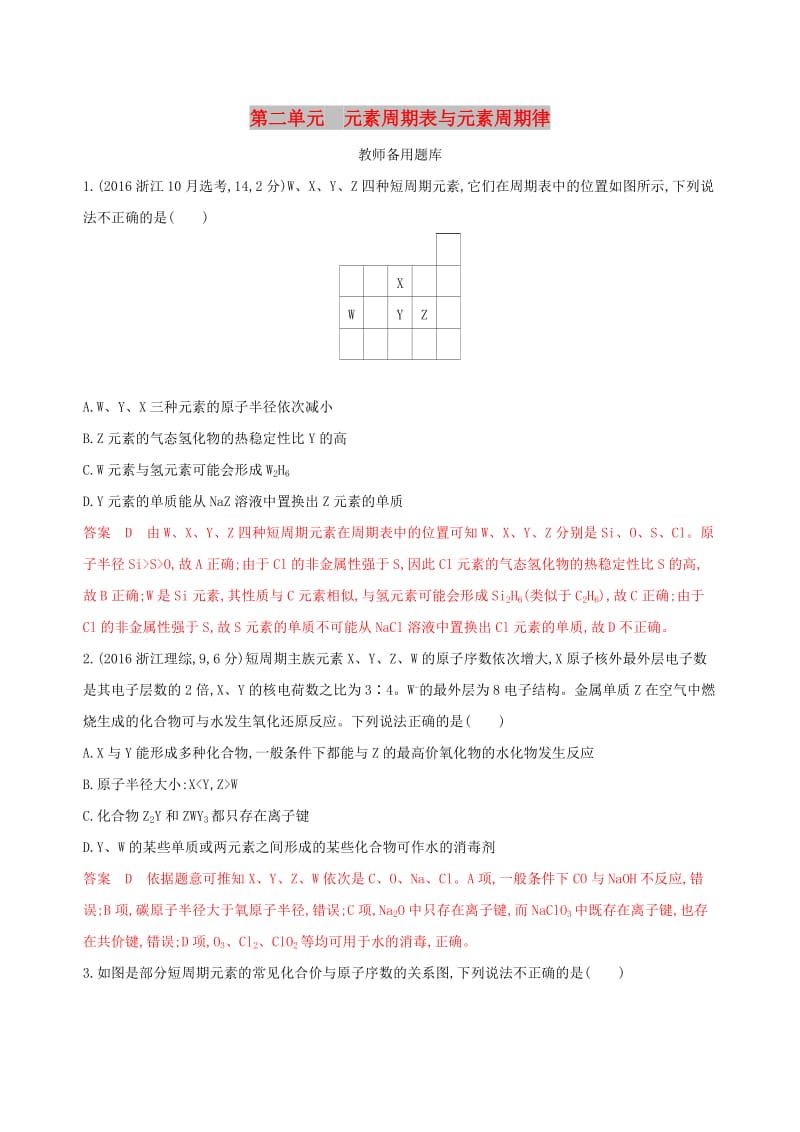 （浙江选考）2020版高考化学一轮复习 专题五 第二单元 元素周期表与元素周期律教师备用题库.docx_第1页