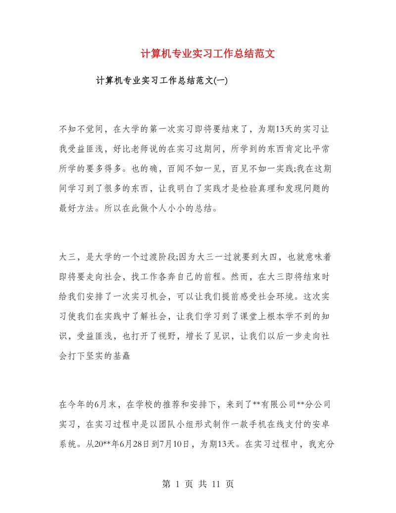 计算机专业实习工作总结范文.doc_第1页