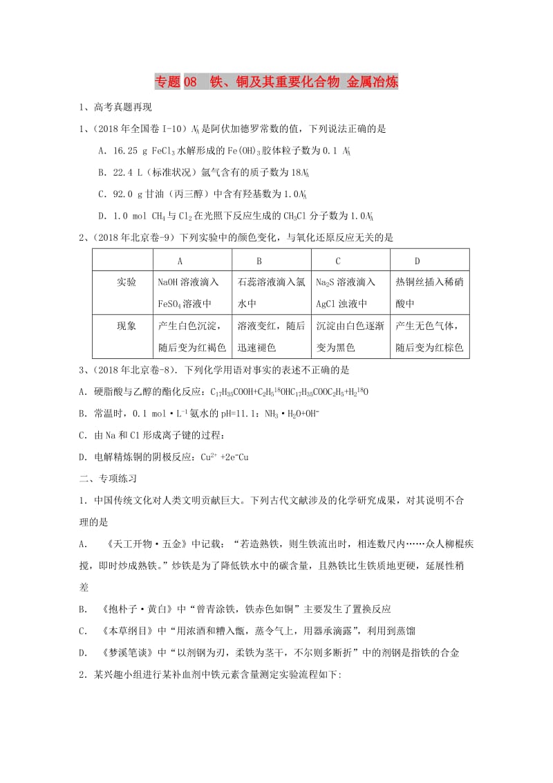 2019年高考化学 专题08 铁、铜及其重要化合物 金属冶炼高频考点专练.doc_第1页