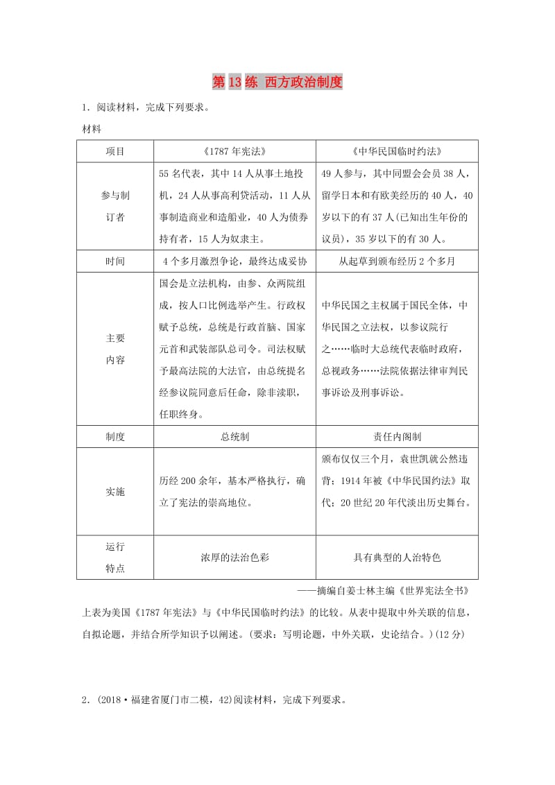 （鲁京津琼专用）2020版高考历史一轮复习 考点知识针对练 第13练 西方政治制度（含解析）.docx_第1页