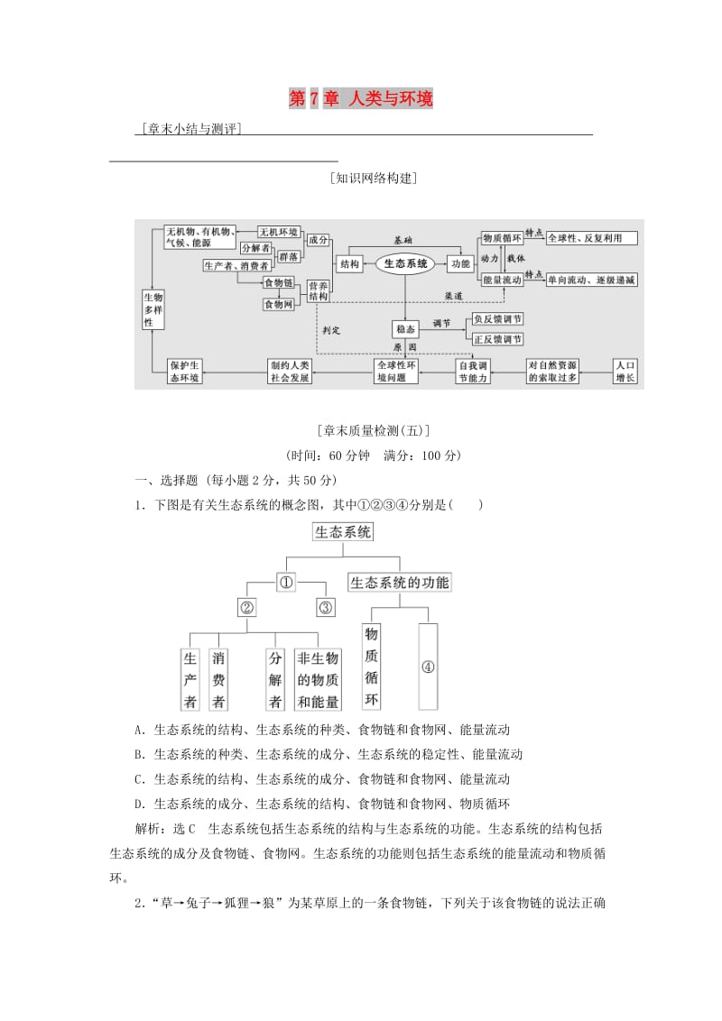 （浙江专版）2017-2018学年高中生物 第7章 人类与环境章末小结与测评 浙科版必修3.doc_第1页