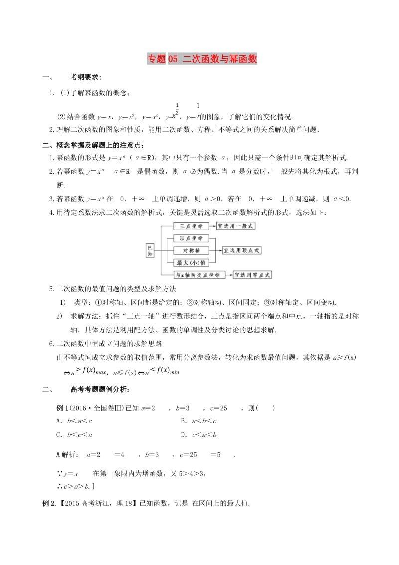 2019年高考数学 考点分析与突破性讲练 专题05 二次函数与幂函数 理.doc_第1页