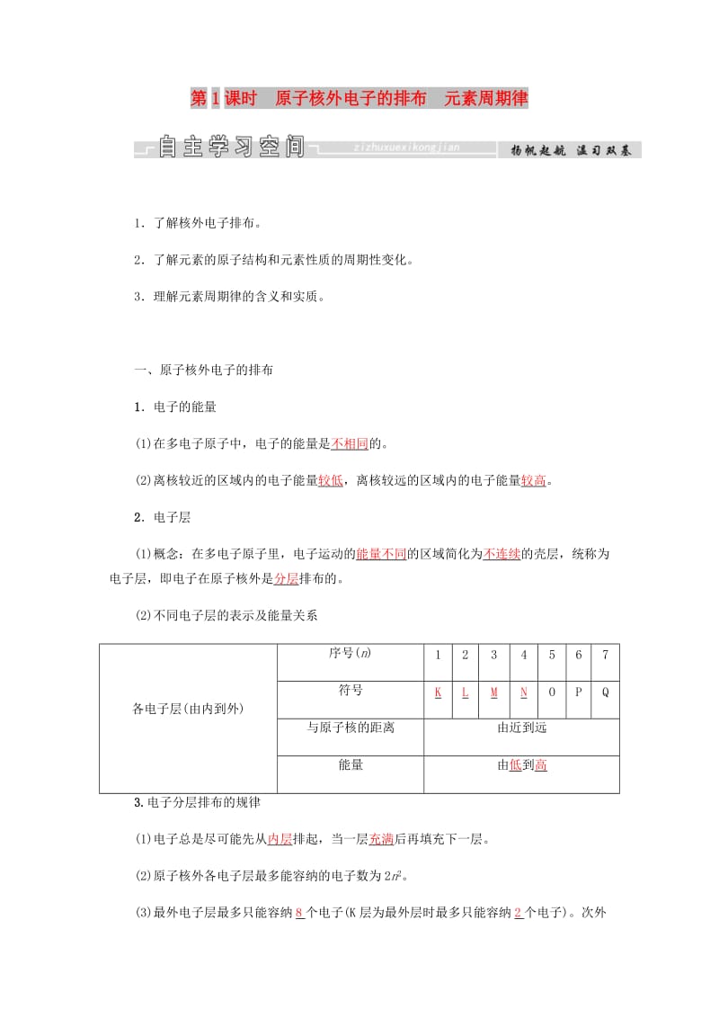 2018-2019学年高中化学 第1章 物质结构元素周期律 第二节 第1课时 原子核外电子的排布 元素周期律学案 新人教版必修2.docx_第1页