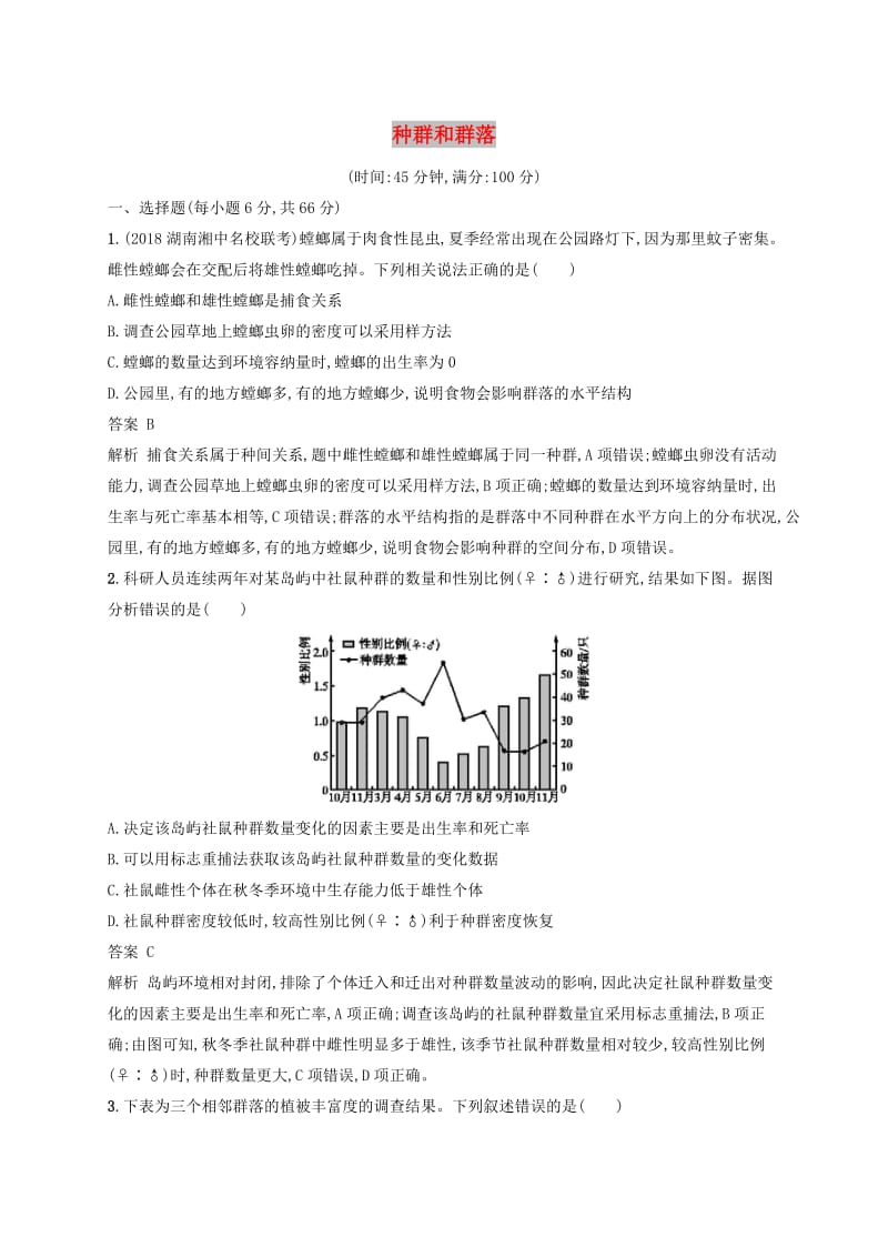 广西2020版高考生物一轮复习 单元质检卷十一 种群和群落（含解析）新人教版.docx_第1页